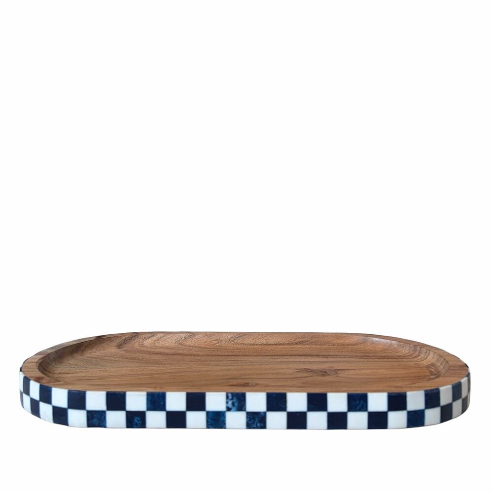 Blue & White Checkered Enameled Mango Wood Serving Tray 14x7 Made In India NEW - Picture 13 of 15